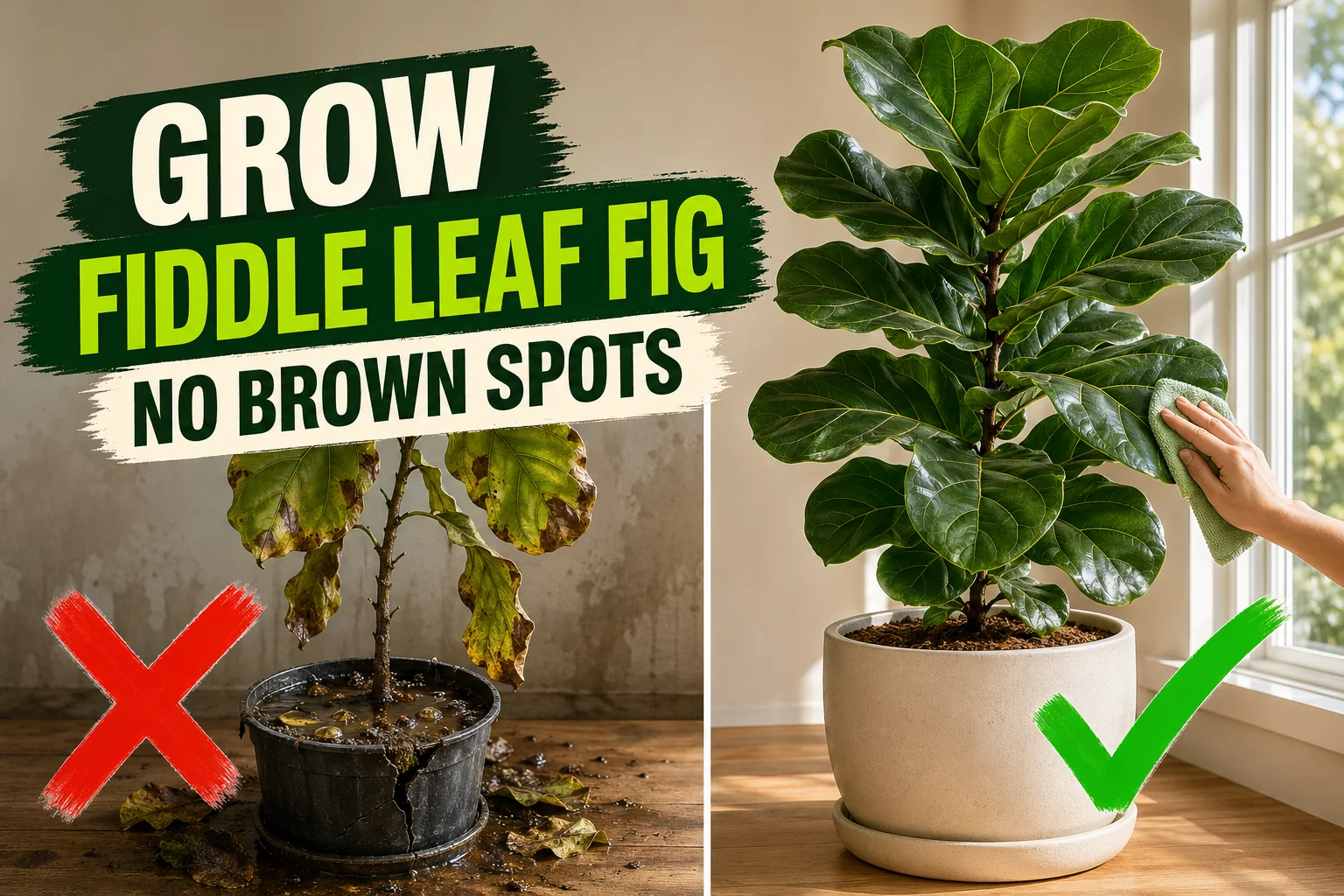 Split-screen showing a fiddle leaf fig with brown spots on the left versus a tall glossy Ficus lyrata being wiped with a microfiber cloth on the right.