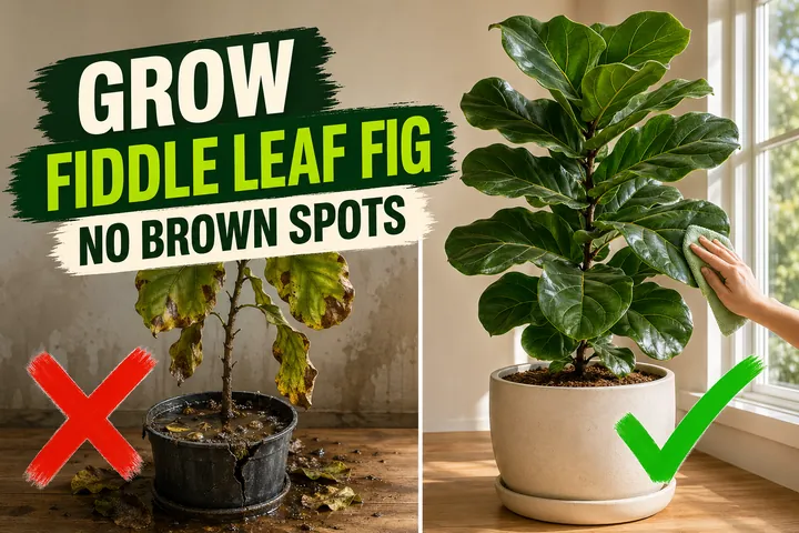 Split-screen showing a fiddle leaf fig with brown spots on the left versus a tall glossy Ficus lyrata being wiped with a microfiber cloth on the right.