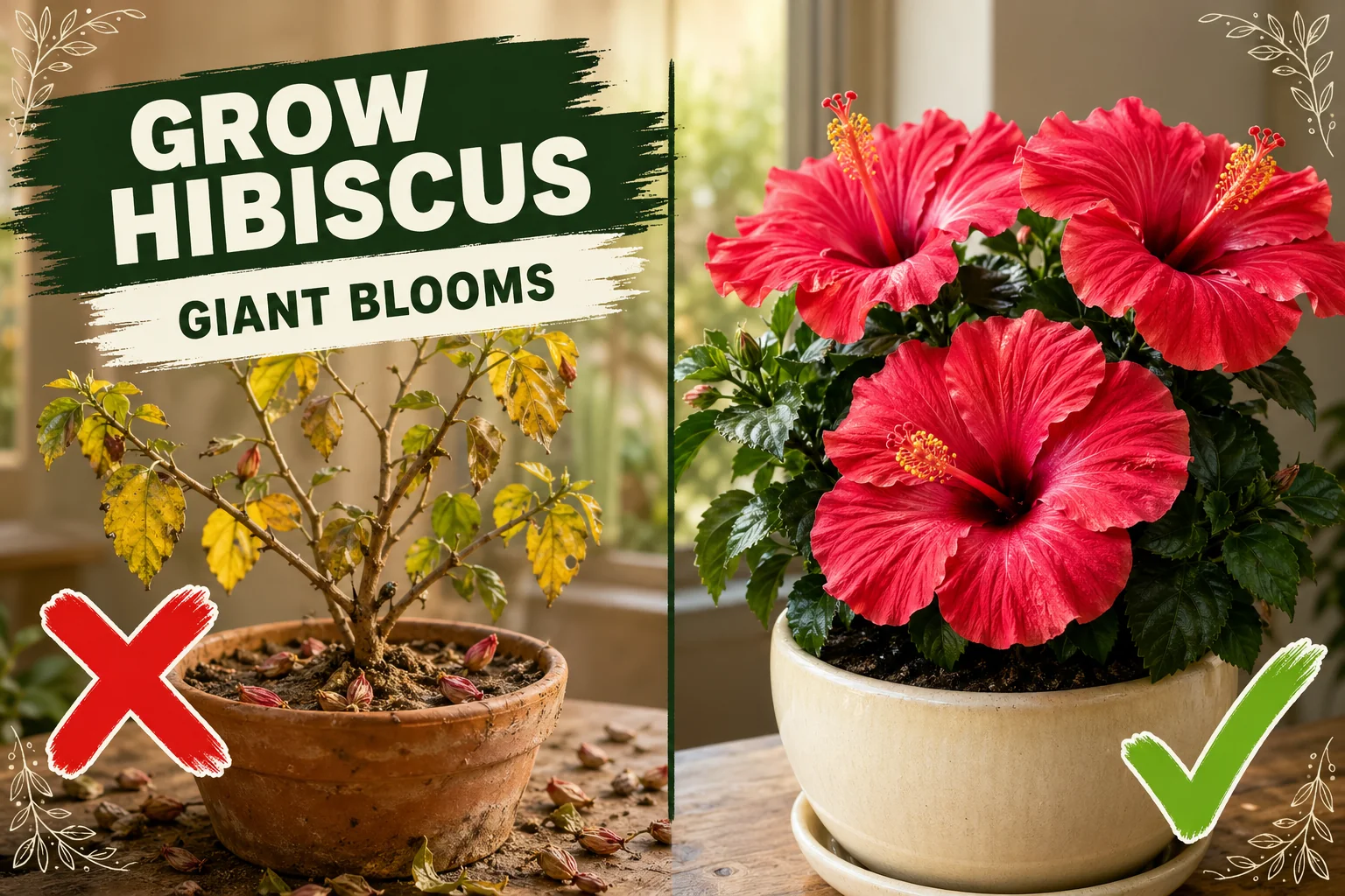 Split-screen hibiscus: struggling plant with yellowing leaves and dropped buds versus a thriving hibiscus bursting with giant red trumpet flowers.