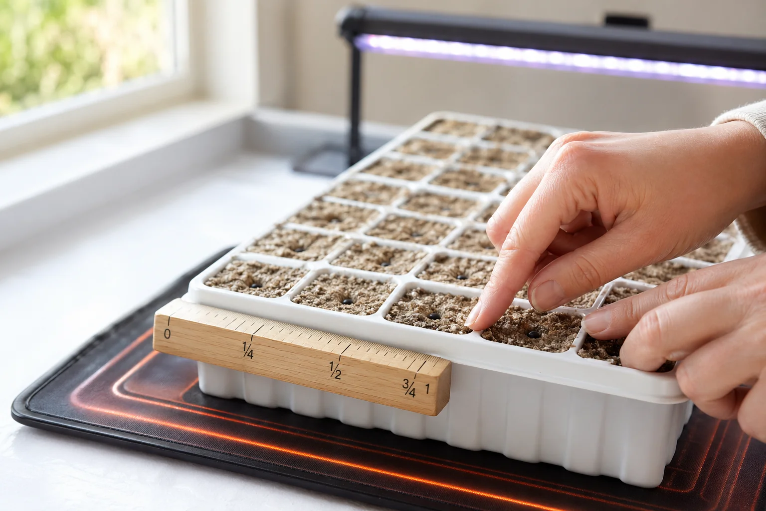 A hand pressing tiny black basil seeds into a seed-starting tray cell filled with fine moist seed-starting mix, with a ruler showing the 6 mm (quarter-inch)