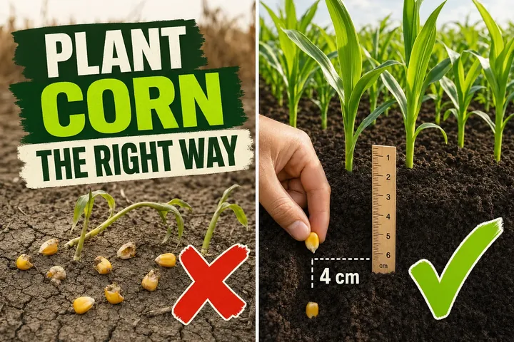 Split-screen: corn kernels scattered shallowly on dry soil on the left versus kernels planted 4 cm (1.5 in) deep in moist soil on the right.