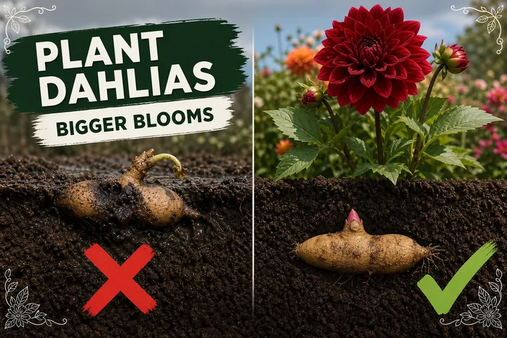A dahlia tuber laid horizontally in a 10-15 cm (4-6 in) deep planting hole with the eye facing up alongside a thriving dinnerplate dahlia in full bloom.