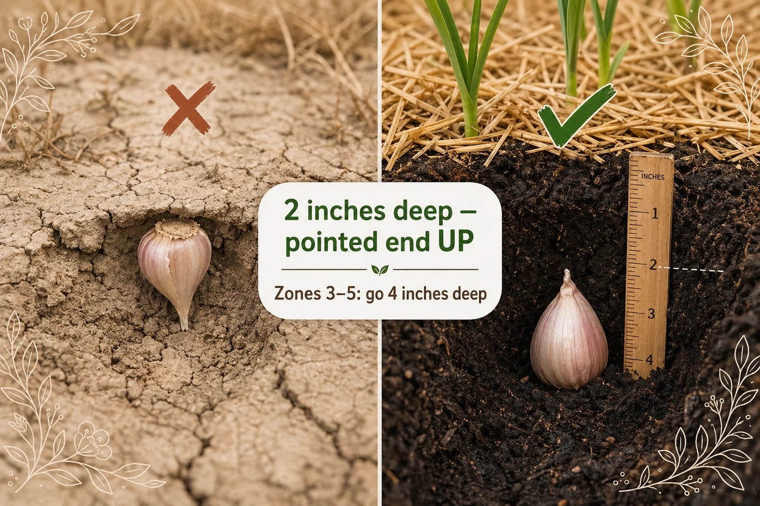 Split-screen showing a garlic clove planted too shallow in dry cracked soil on the left versus a clove set 2 inches deep, pointed end up, in rich moist soil on
