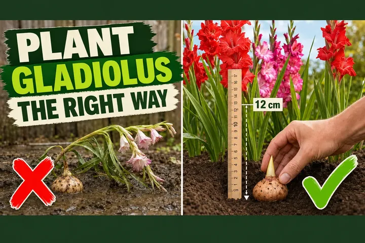 Split-screen showing a shallow-planted gladiolus with a flopped weak bloom on the left versus a corm planted at the correct 12 cm (4.5 in) depth on the right.