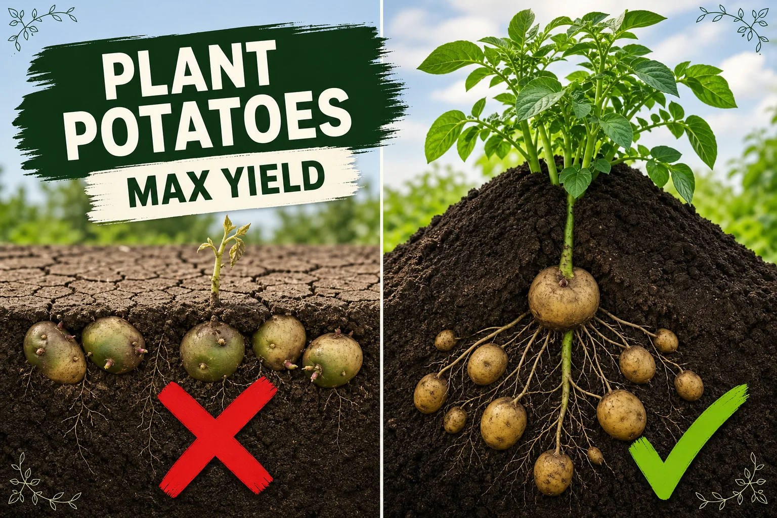 Split-screen of shallow-planted seed potatoes with green-shouldered tubers versus correctly planted potatoes with hilled soil and clean buried tubers.