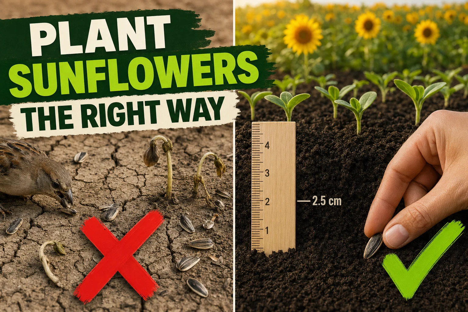 Split-screen: surface-sown sunflower seeds eaten by birds on the left versus seeds planted at the correct 2.5 cm (1 in) depth with seedlings on the right.