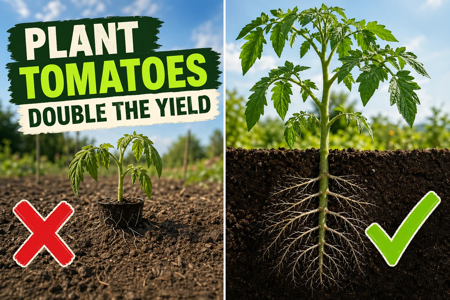 Side-by-side showing a tomato transplanted at pot depth on the left versus one planted deep with 2/3 of the stem buried and roots forming along it on the right.