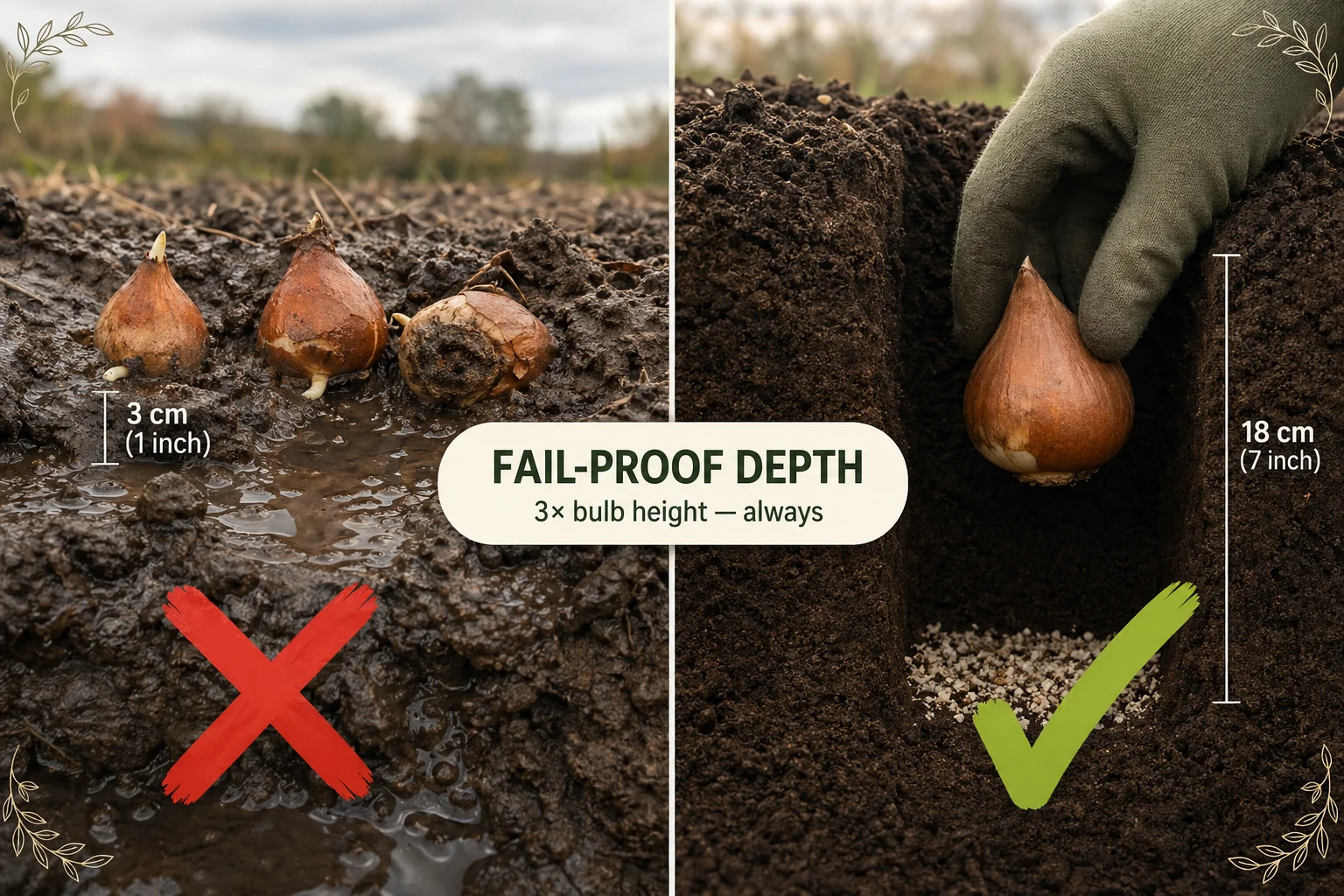 Split-screen: rotting tulip bulbs planted too shallow in soggy soil on the left, versus a gloved hand placing a bulb at correct 15 cm depth on the right.