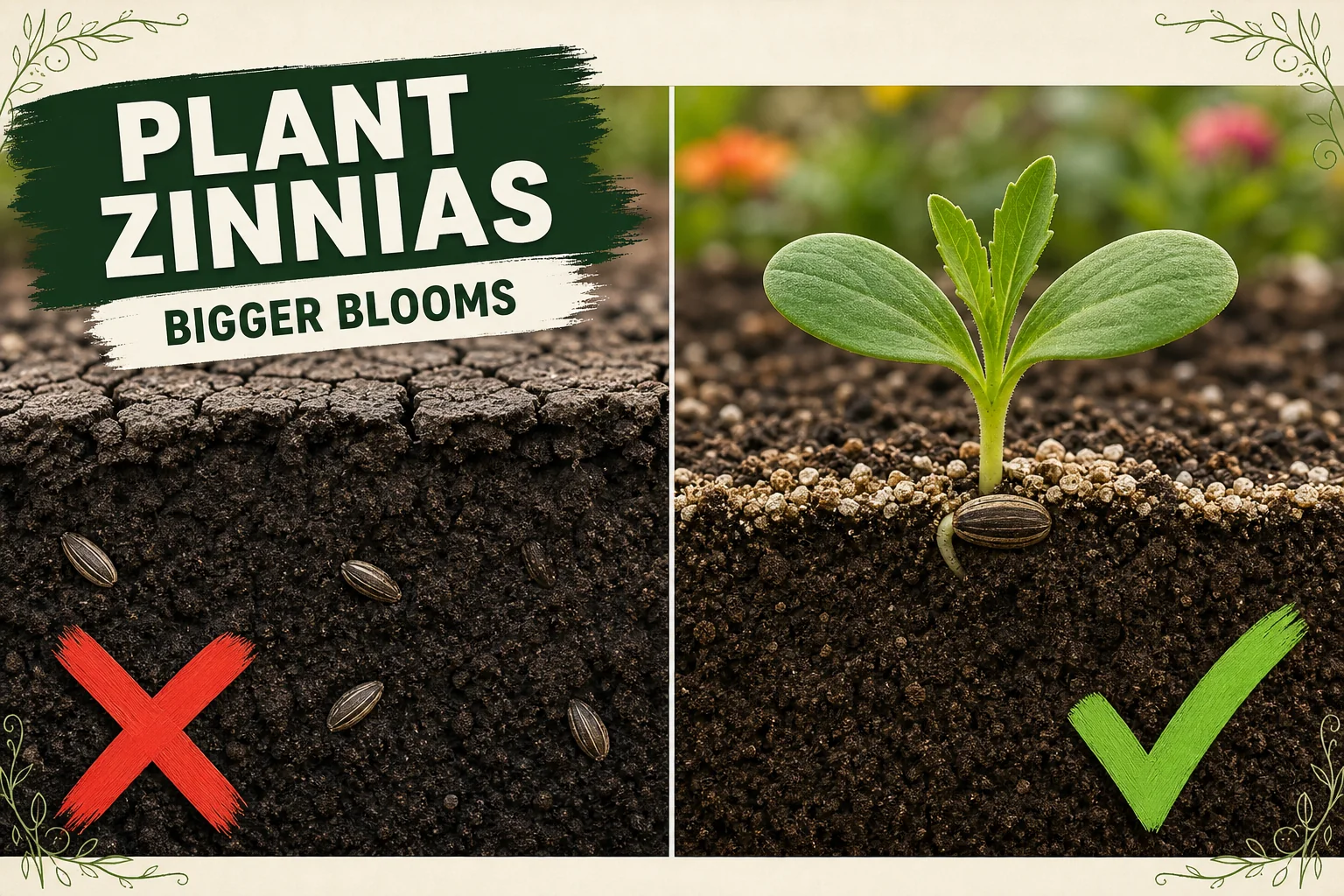 Split-screen showing a zinnia seed buried too deep with no germination versus a seed barely covered with a quarter inch of soil sprouting fast in warm light.