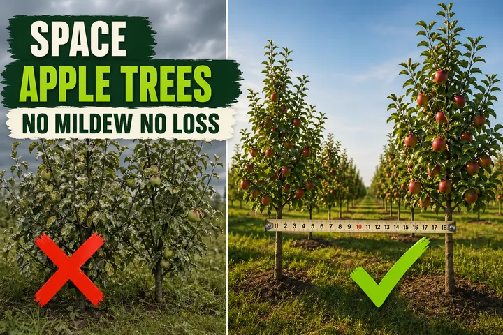 Split-screen comparison showing two crowded mildew-covered apple trees on the left versus a healthy well-spaced orchard row with a measuring tape between two