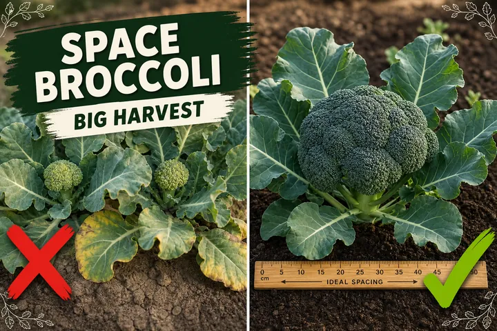 Split-screen comparing broccoli planted too close producing tiny pale heads versus correctly spaced broccoli with full dark-green crowns ready to harvest.