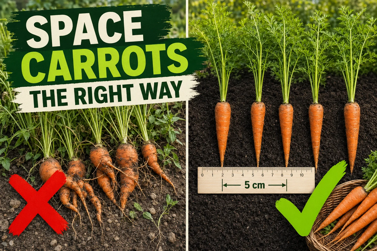 Split-screen showing twisted forked carrots from a crowded row on the left and long straight carrots from a properly 5 cm (2 in)-spaced row on the right.