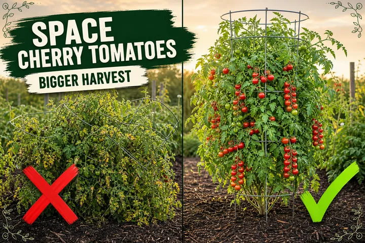 Split-screen of overcrowded cherry tomato plants with tangled foliage versus well-spaced cherry tomato plants loaded with ripe red and orange fruit.