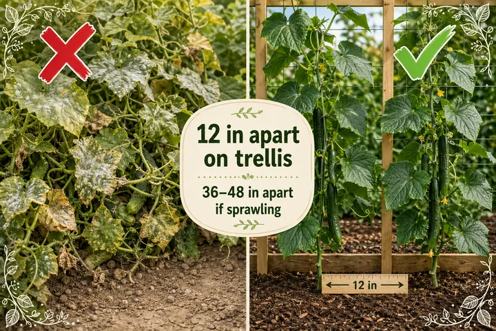 Split-screen showing overcrowded cucumber vines with yellowing leaves on the left versus well-spaced vines climbing a trellis with abundant fruit on the right.