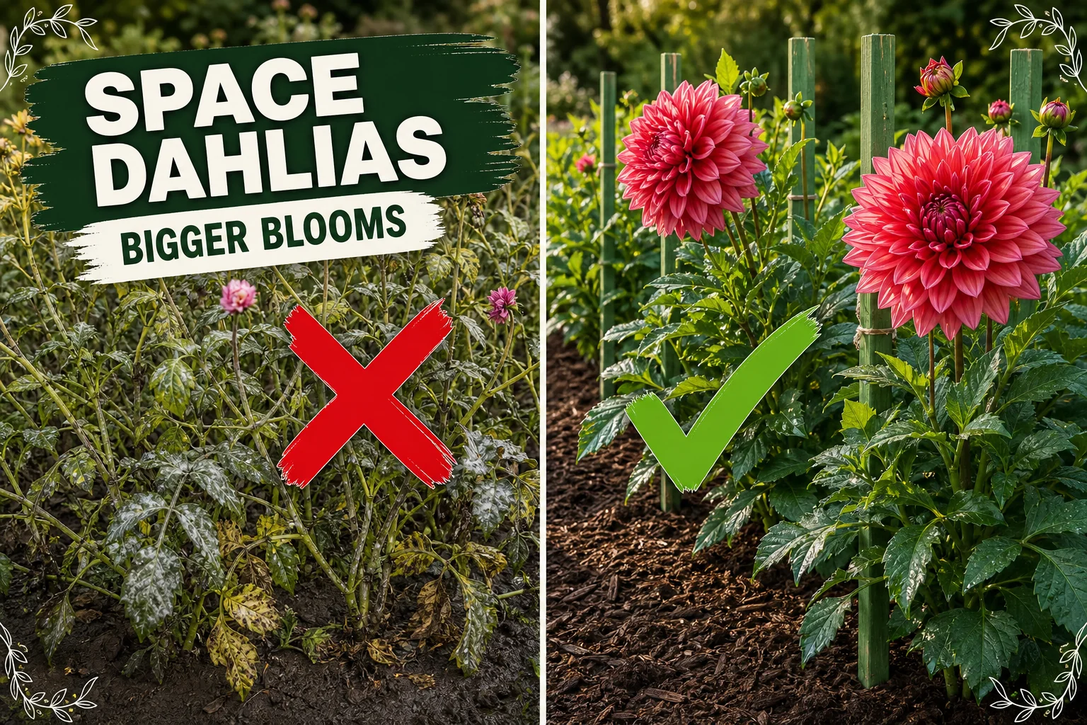 Split-screen showing crowded dahlia tubers planted 15 cm apart with mildew and floppy stems versus a properly spaced bed of dinnerplate dahlias in full bloom.