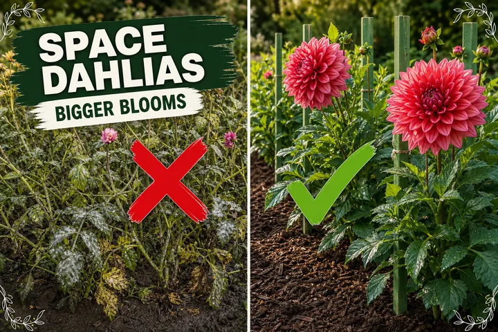 Split-screen showing crowded dahlia tubers planted 15 cm apart with mildew and floppy stems versus a properly spaced bed of dinnerplate dahlias in full bloom.