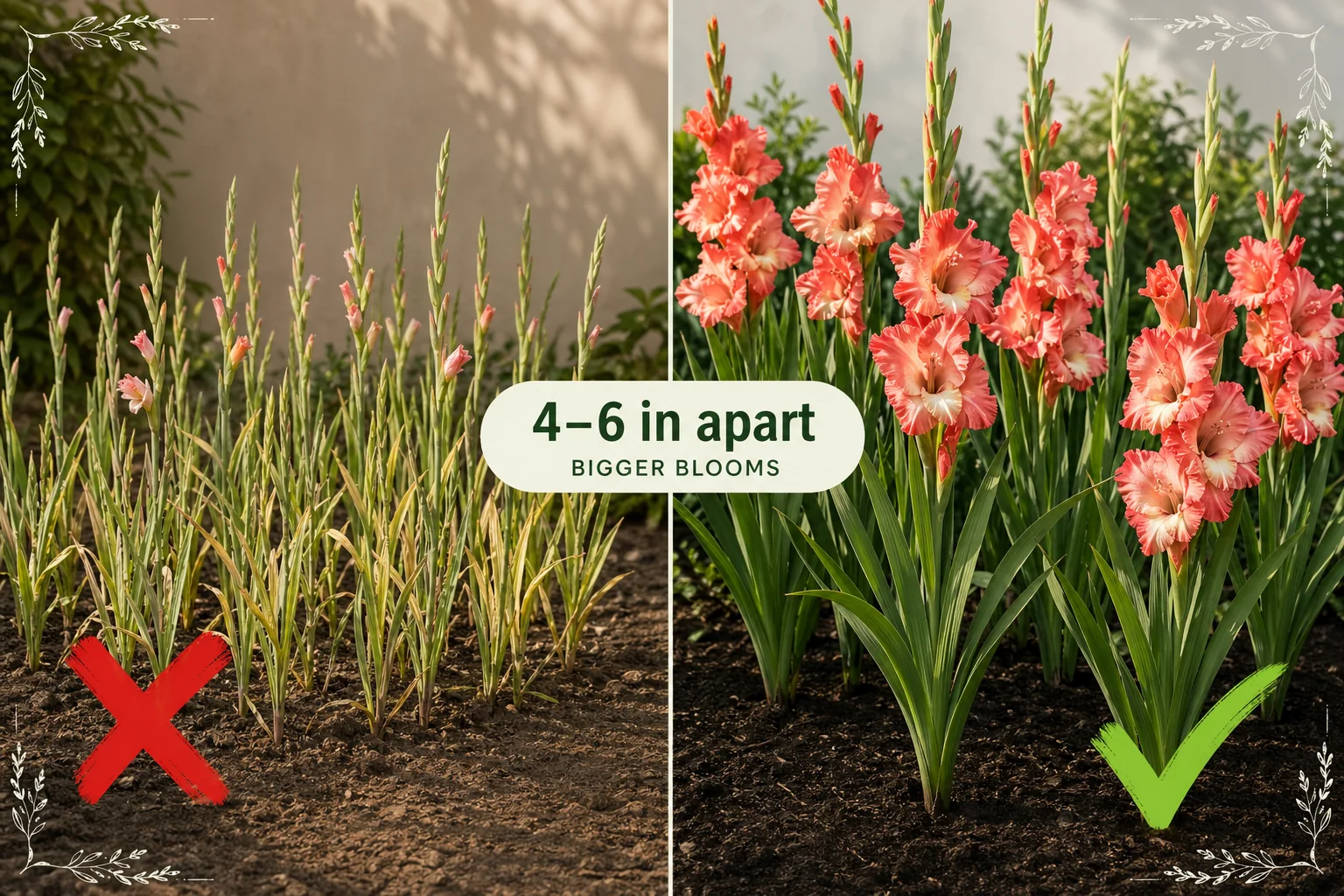 Overcrowded gladiolus with thin weak stems on the left versus properly spaced corms with tall lush blooms on the right — showing correct 4–6 in spacing.