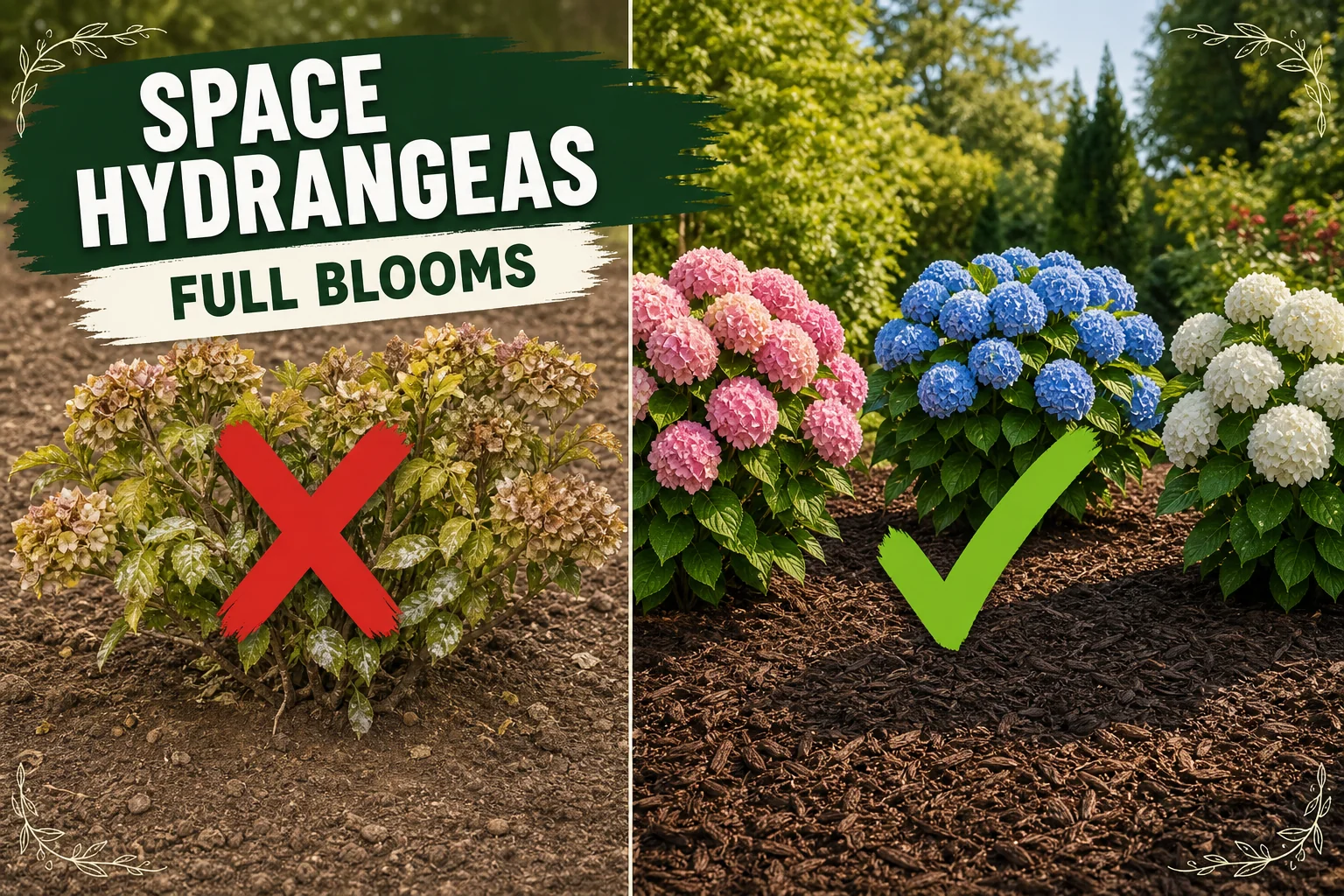 Split-screen showing crowded hydrangeas with weak browning blooms versus a properly spaced hydrangea border with full mophead blooms in pink and blue.
