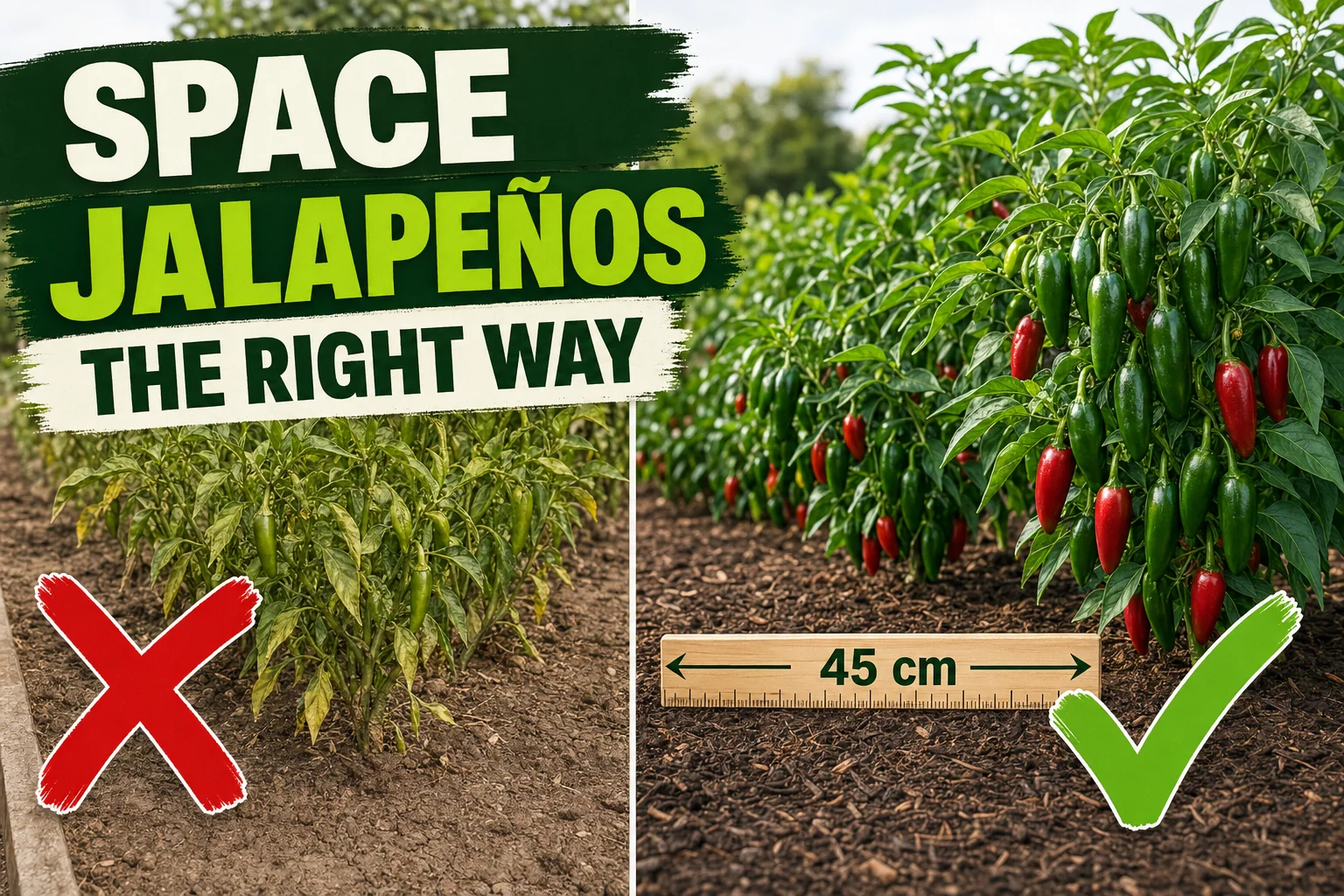 Split-screen showing crowded stunted jalapeño plants on the left versus jalapeños perfectly spaced 45 cm (18 in) apart loaded with peppers on the right.