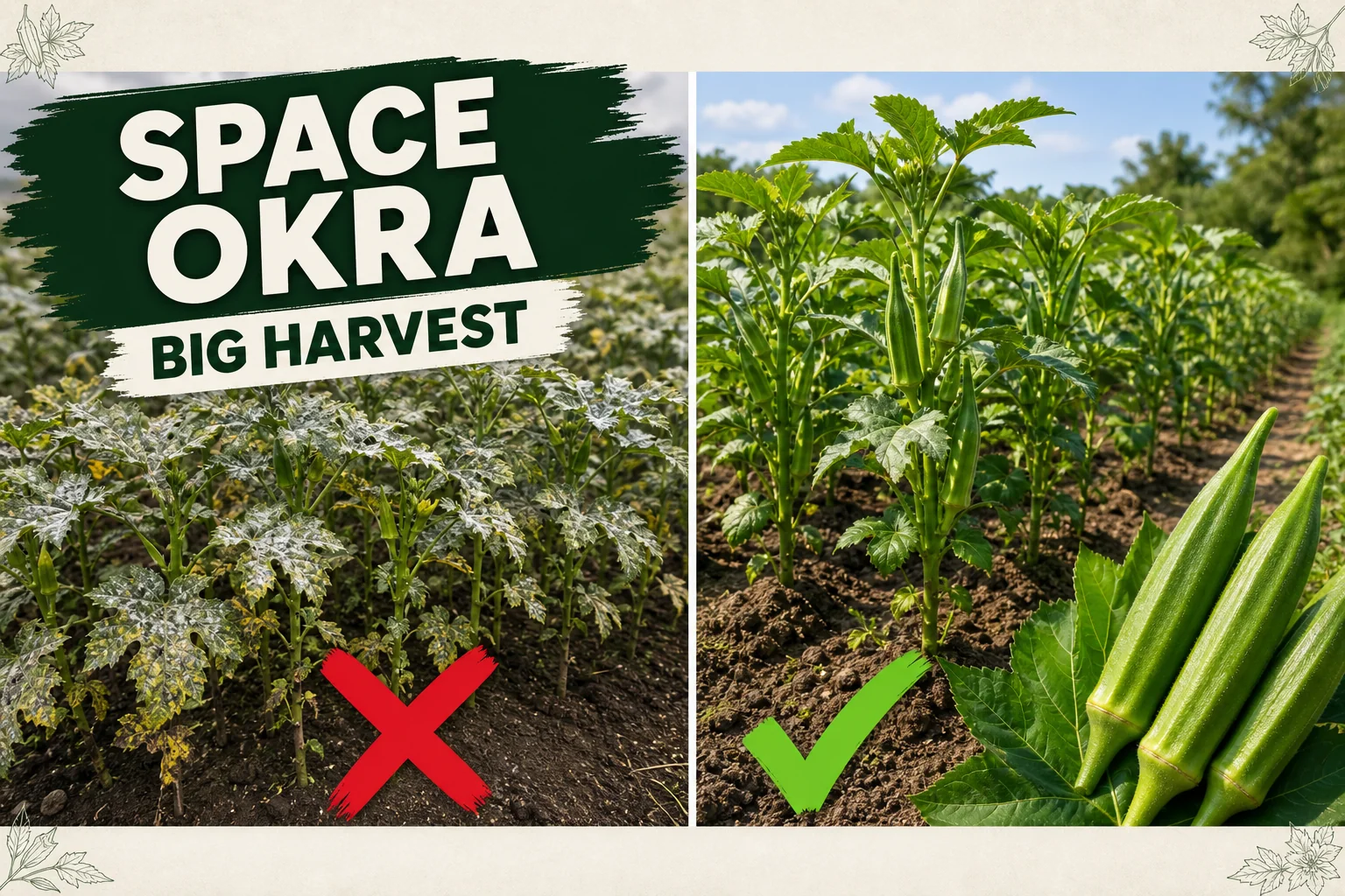 A long well-spaced row of tall okra plants in full sun with green pods at harvest stage and clear airflow between plants reducing disease pressure.