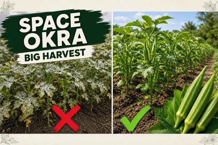 A long well-spaced row of tall okra plants in full sun with green pods at harvest stage and clear airflow between plants reducing disease pressure.