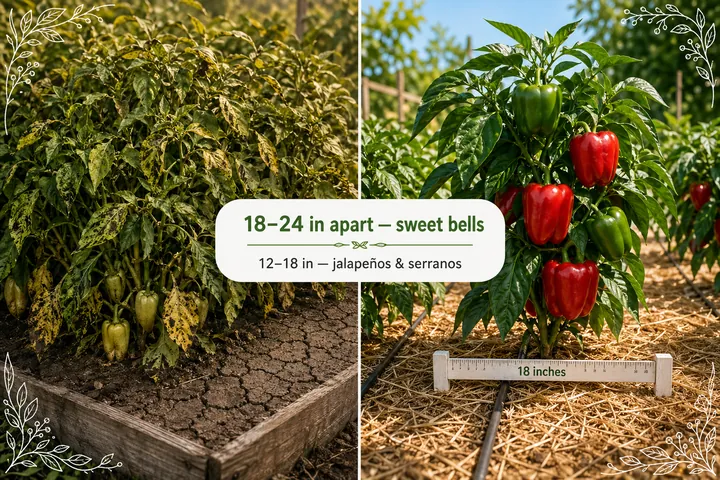 Side-by-side showing overcrowded pepper plants with small pale fruits and poor airflow on the left versus properly spaced pepper plants loaded with large