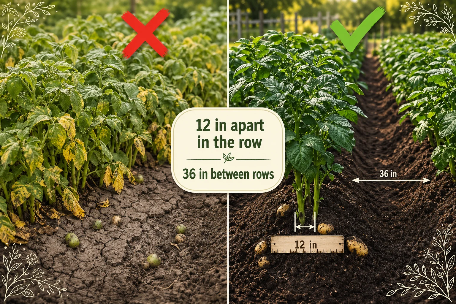 Overhead diagram of a garden bed showing potato spacing markers at 12 inches in-row and 36 inches between rows, with labeled trenches and hilling mounds.
