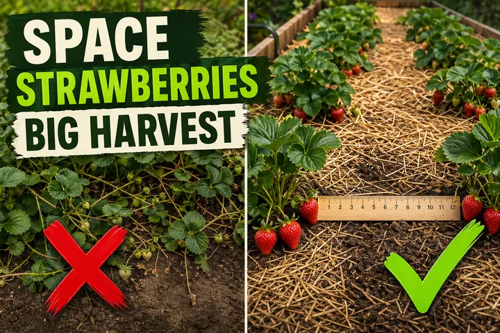 Split-screen of crowded strawberry plants with tiny pale berries versus properly spaced plants with plump red strawberries in straw-mulched soil.