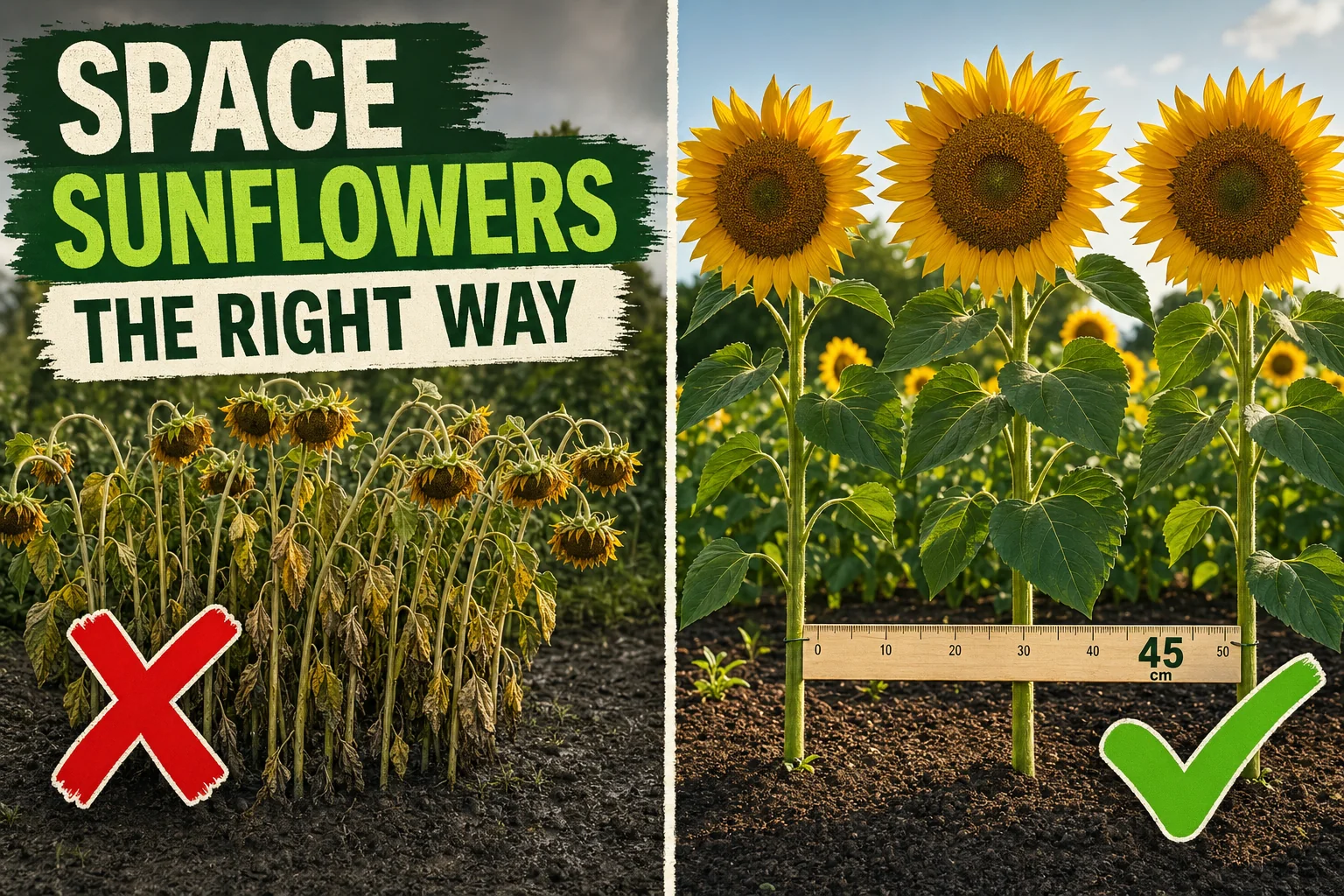 Split-screen showing crowded thin-stemmed sunflowers on the left versus perfectly spaced sunflowers with huge golden bloom heads on the right.