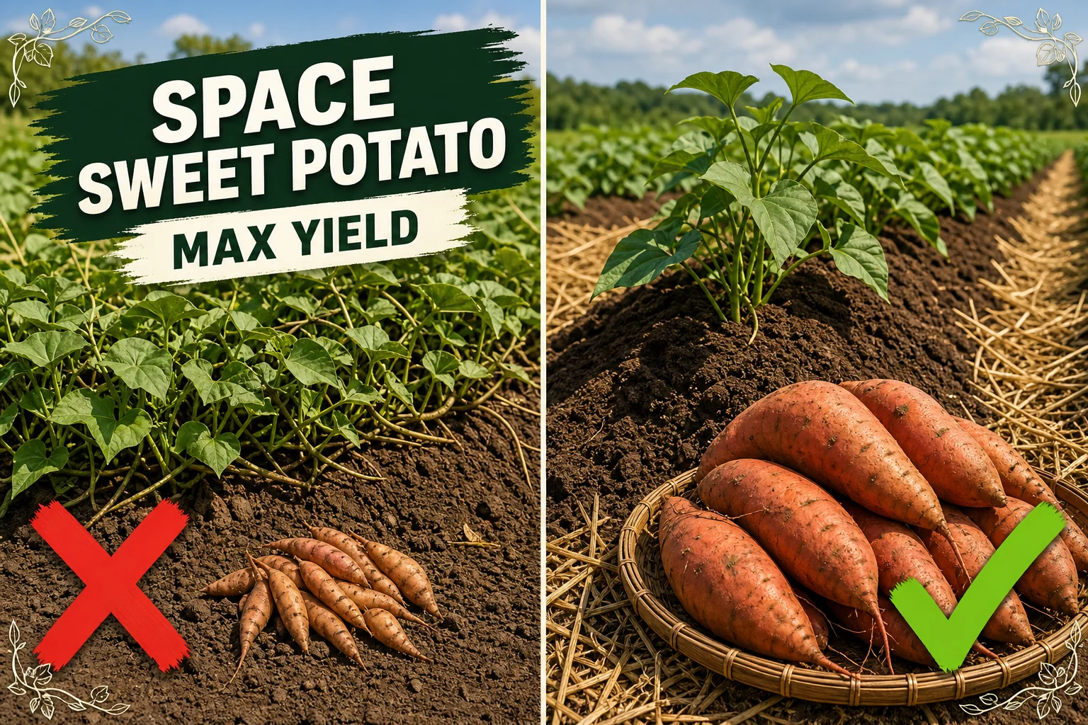 A long mounded sweet potato row in full sun with vines spreading wide and freshly dug orange tubers laid out beside the row at harvest.