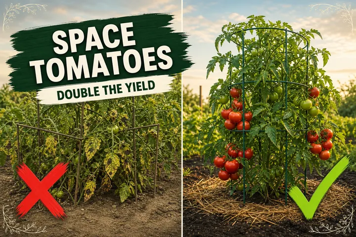 Split-screen of overcrowded tomato plants with tangled vines and small green fruit versus correctly spaced staked tomatoes loaded with red ripe fruit.