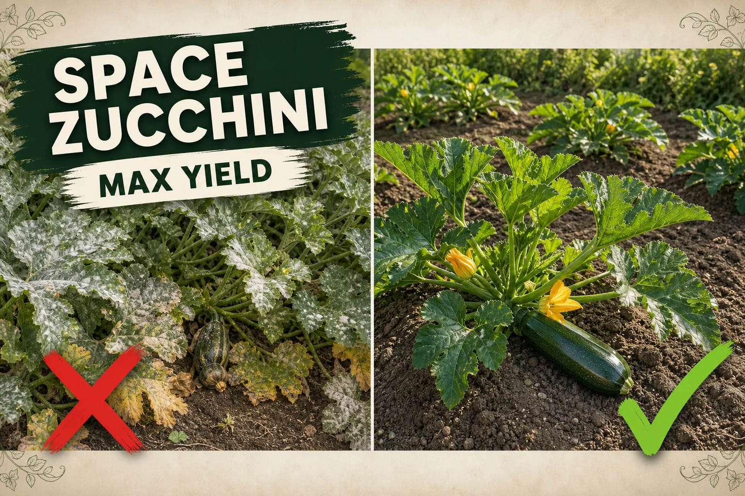 A garden bed with zucchini plants set 90-120 cm (3-4 ft) apart on raised hills with large green leaves and developing fruit, in full midday sun.