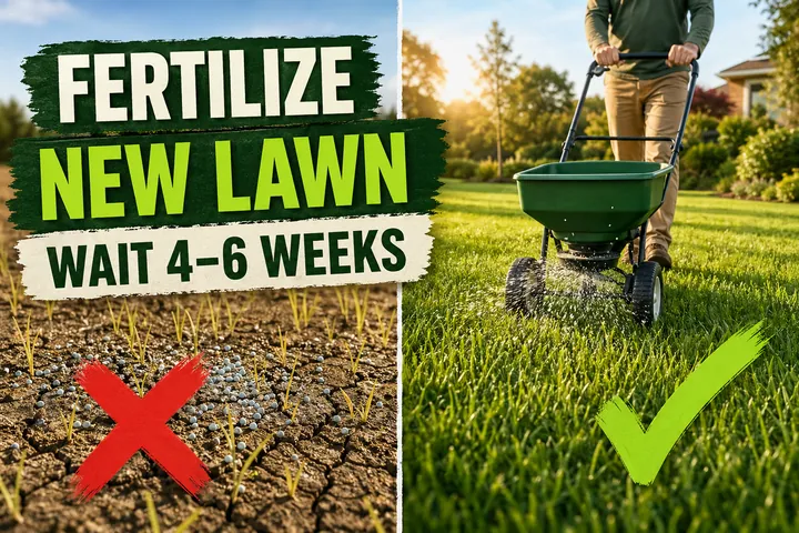 Split-screen of a seeded lawn burned by fertilizer applied too early on the left and a thick lawn being fed correctly with a broadcast spreader on the right.