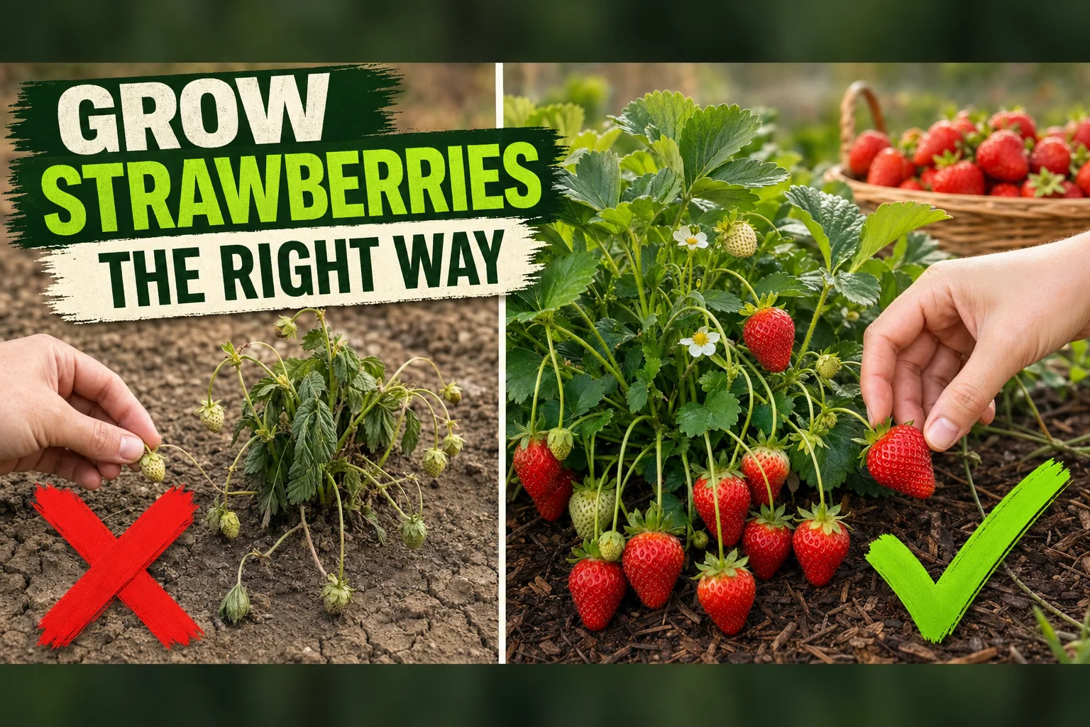 Split-screen showing a year-1 strawberry with tiny pale berries on the left versus a year-2 plant loaded with ripe red strawberries on the right.