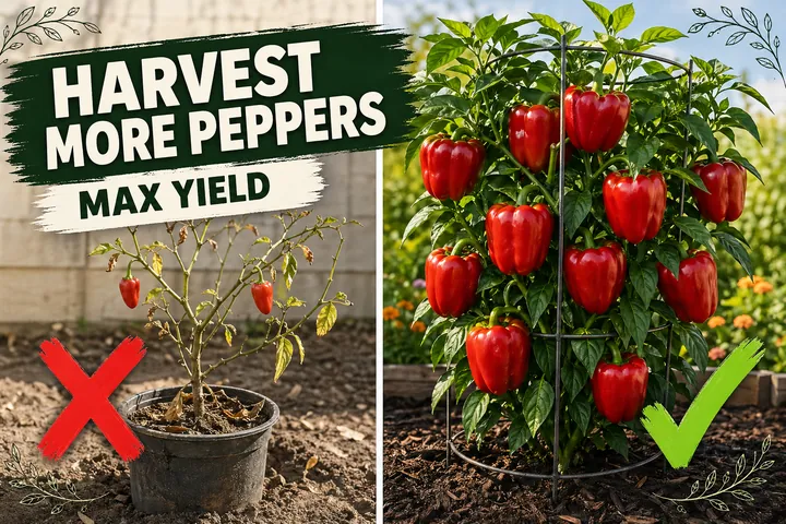 Split-screen of a sparse pepper plant with 2-3 small fruits versus a lush plant loaded with 8-10 glossy red peppers.