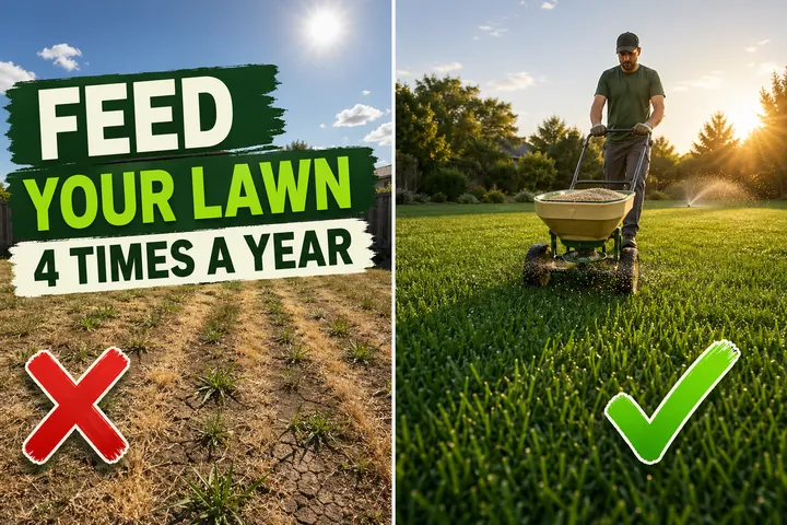 Split-screen: patchy yellow-brown lawn under harsh midday sun on the left, deep green lawn being fertilized at golden hour with a rotary spreader on the right.