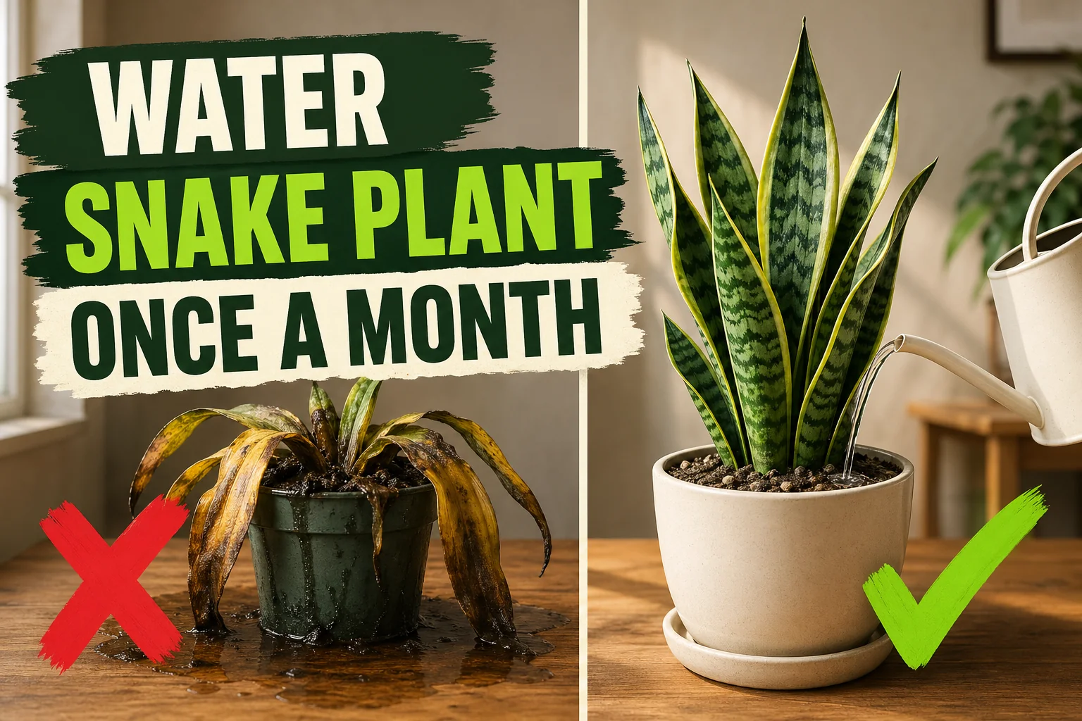 Split-screen showing a mushy yellow overwatered snake plant on the left versus an upright thriving variegated snake plant in a cream ceramic pot on the right.