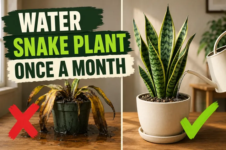 Split-screen showing a mushy yellow overwatered snake plant on the left versus an upright thriving variegated snake plant in a cream ceramic pot on the right.