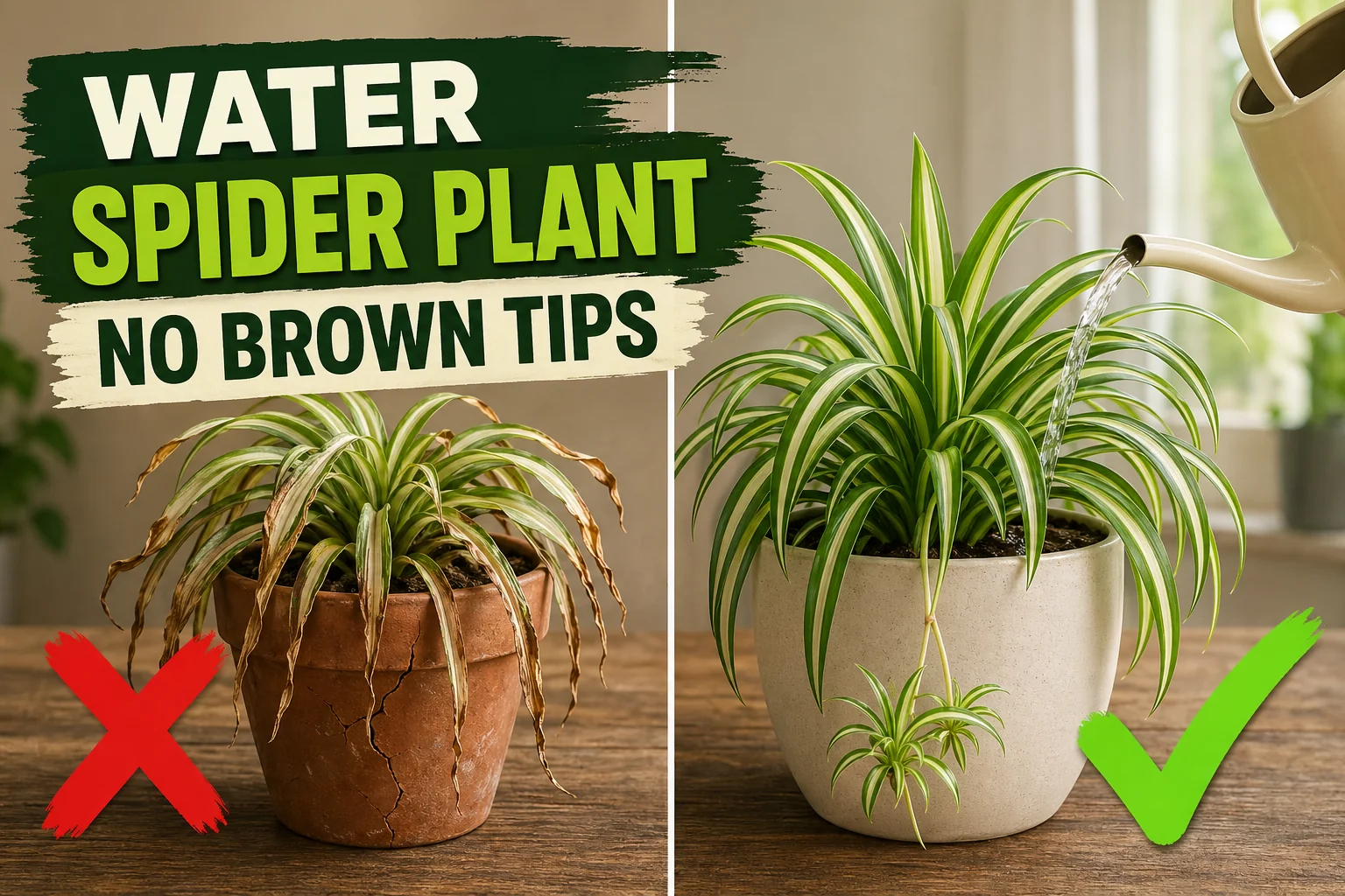 Split-screen showing a dry spider plant with crispy brown leaf tips on the left and a thriving variegated spider plant being watered on the right.