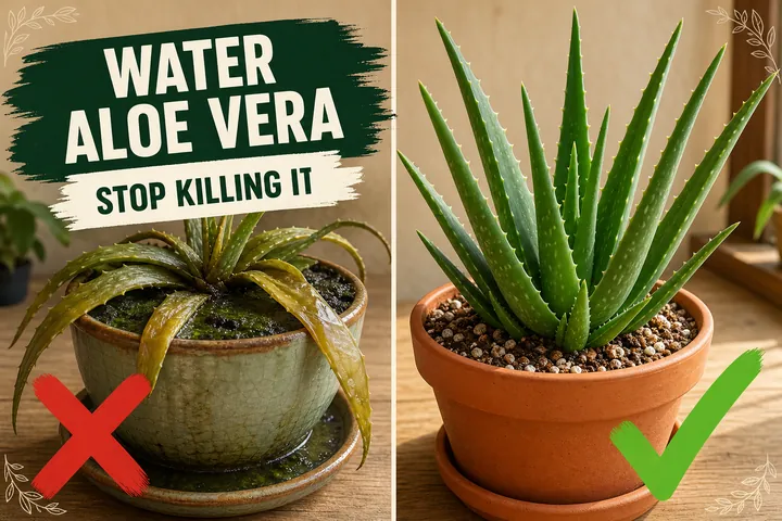 Split-screen of overwatered aloe vera with mushy yellow leaves in soggy soil versus a plump healthy aloe with firm upright leaves in dry gritty cactus mix.