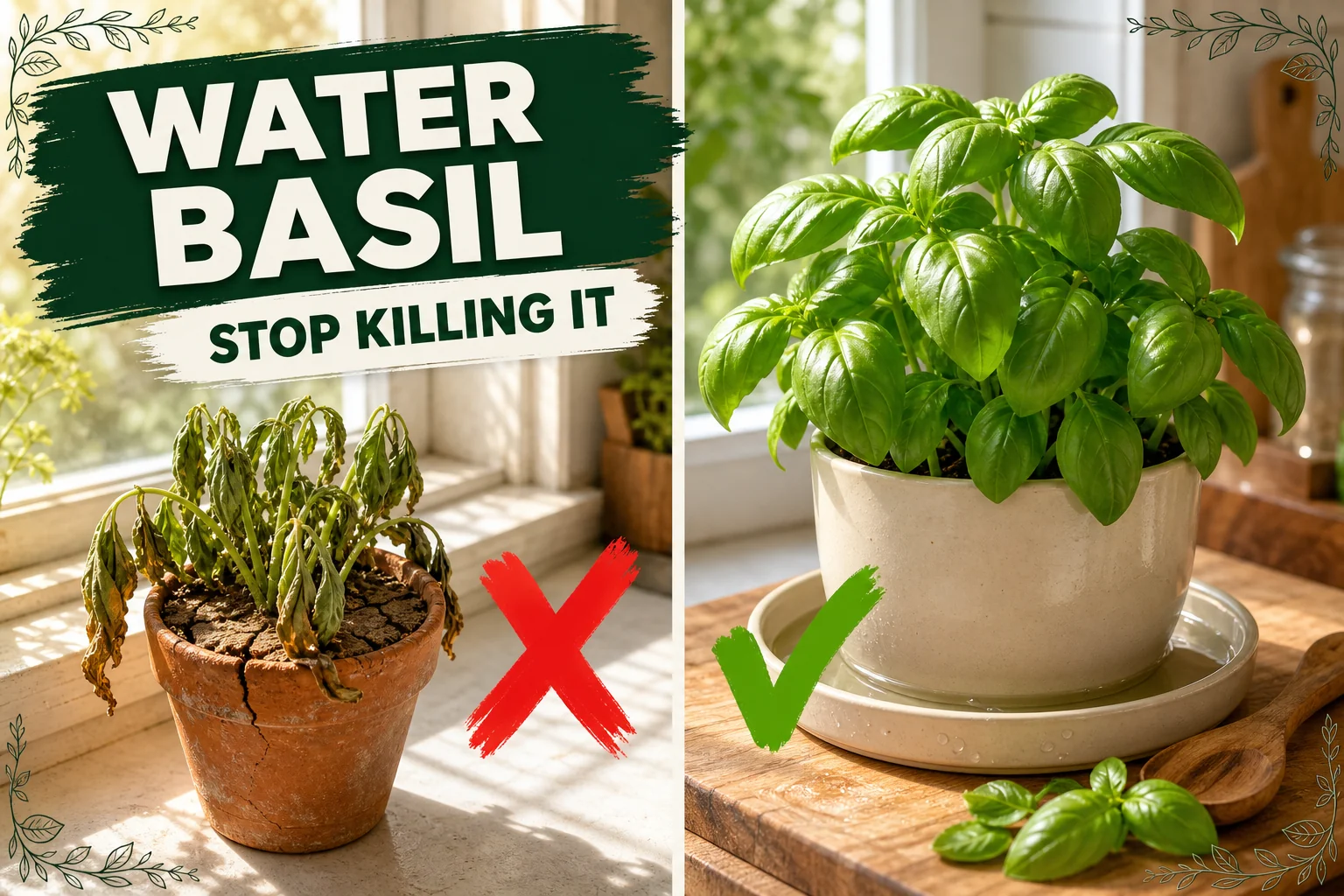 Split-screen of a wilted underwatered basil with drooping leaves versus a vibrant healthy basil being bottom-watered in a shallow saucer.