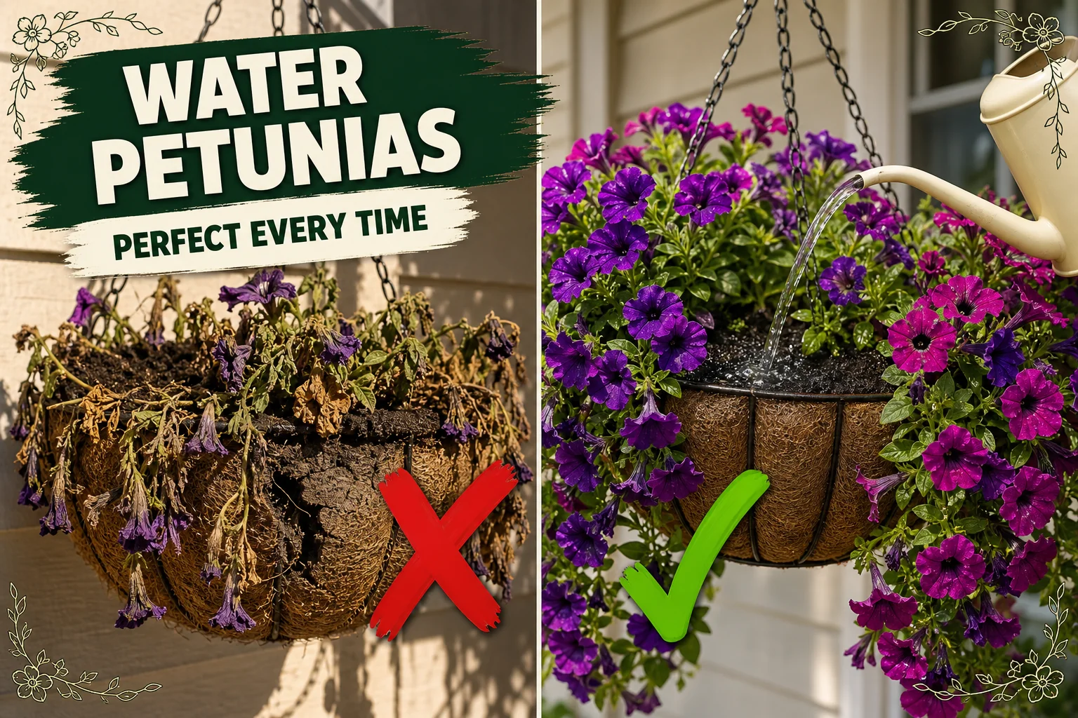 Split-screen of wilted petunias with crispy brown blooms versus thriving purple petunias cascading from a healthy hanging basket.