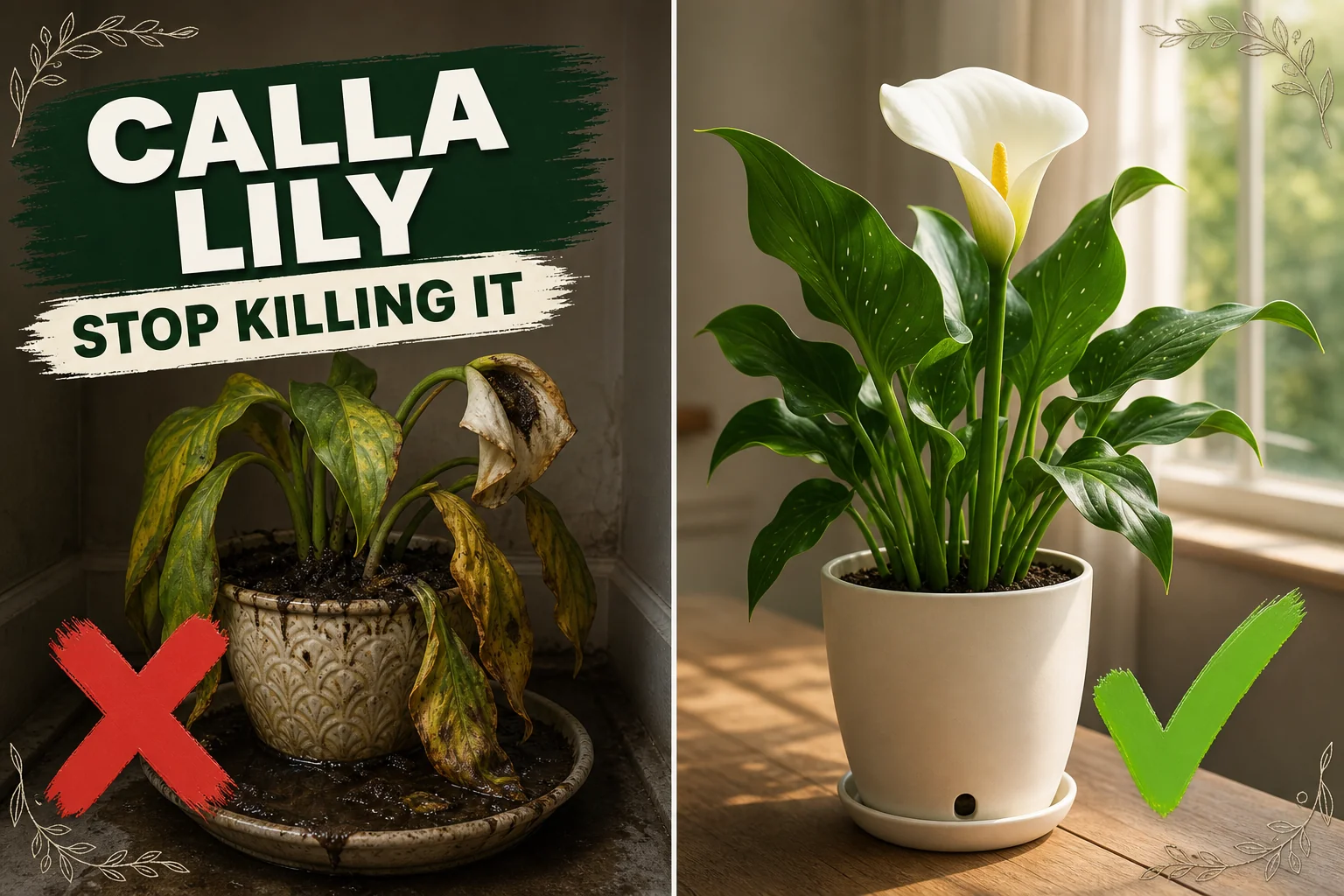 Split-screen showing a wilted yellowing calla lily in soggy soil versus a thriving white-bloomed calla lily in bright indirect light.