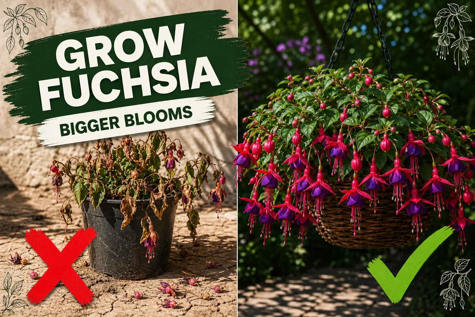 Split-screen fuchsia care: a wilted sun-scorched plant on the left versus a thriving Fuchsia hybrida in shade dripping with red and purple blooms on the right.