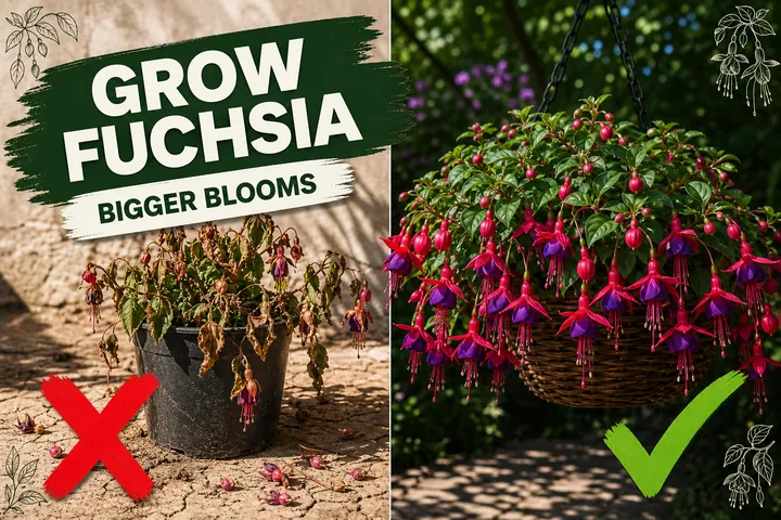 Split-screen fuchsia care: a wilted sun-scorched plant on the left versus a thriving Fuchsia hybrida in shade dripping with red and purple blooms on the right.