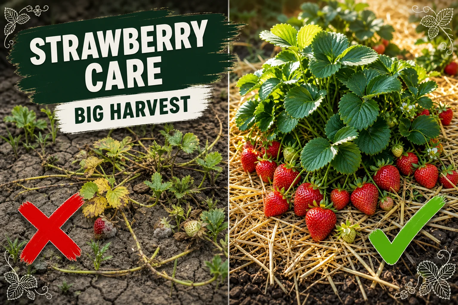 Split-screen strawberry plant: a yellow, runner-tangled, fruitless strawberry patch versus a thriving plant with red ripe berries and crisp straw mulch.