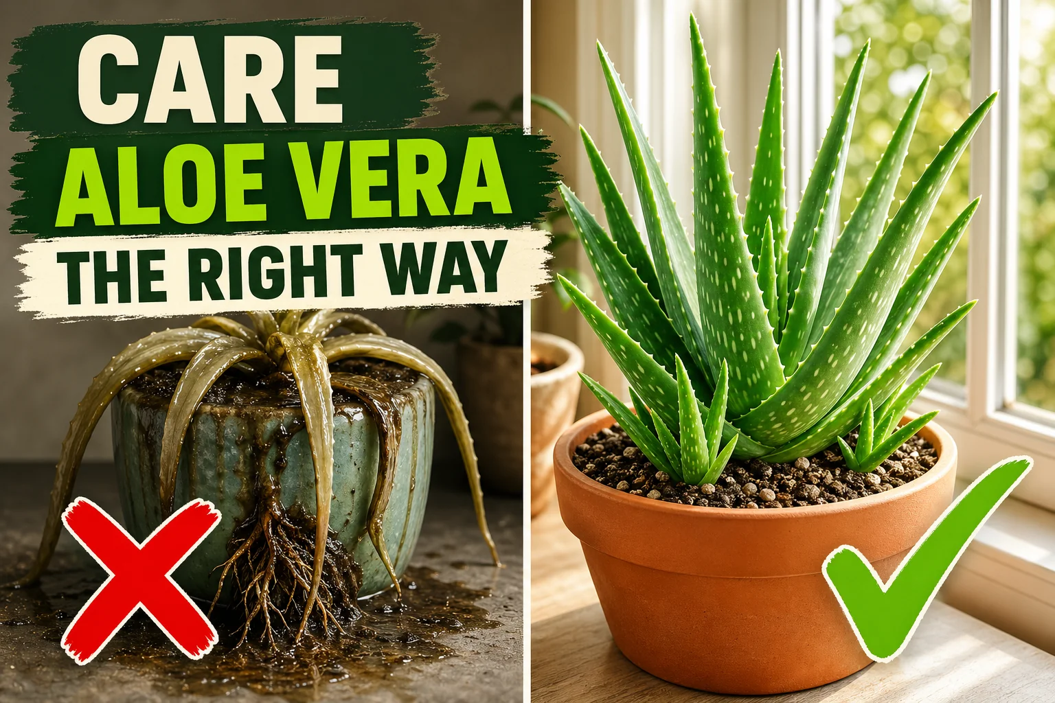 Split-screen showing an overwatered aloe vera with mushy leaves on the left and a thriving plump aloe in a terracotta pot in sunlight on the right.