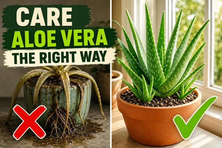 Split-screen showing an overwatered aloe vera with mushy leaves on the left and a thriving plump aloe in a terracotta pot in sunlight on the right.