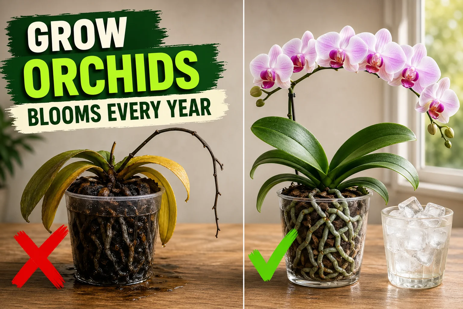 Split-screen orchid care: a yellow overwatered Phalaenopsis with black roots on the left versus a thriving moth orchid with white-and-pink blooms on the right.