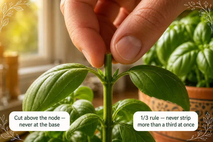 Close-up of fingers pinching a basil stem just above a leaf node pair, with two small sideshoots beginning to sprout where previous cuts were made.
